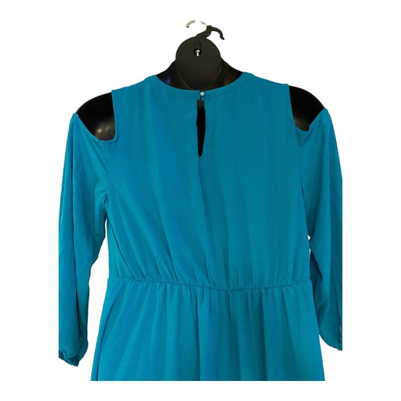 Midnight Velvet Chiffon Peacock Blue Office Casual Church Party Guest Dress - Picture 12 of 16